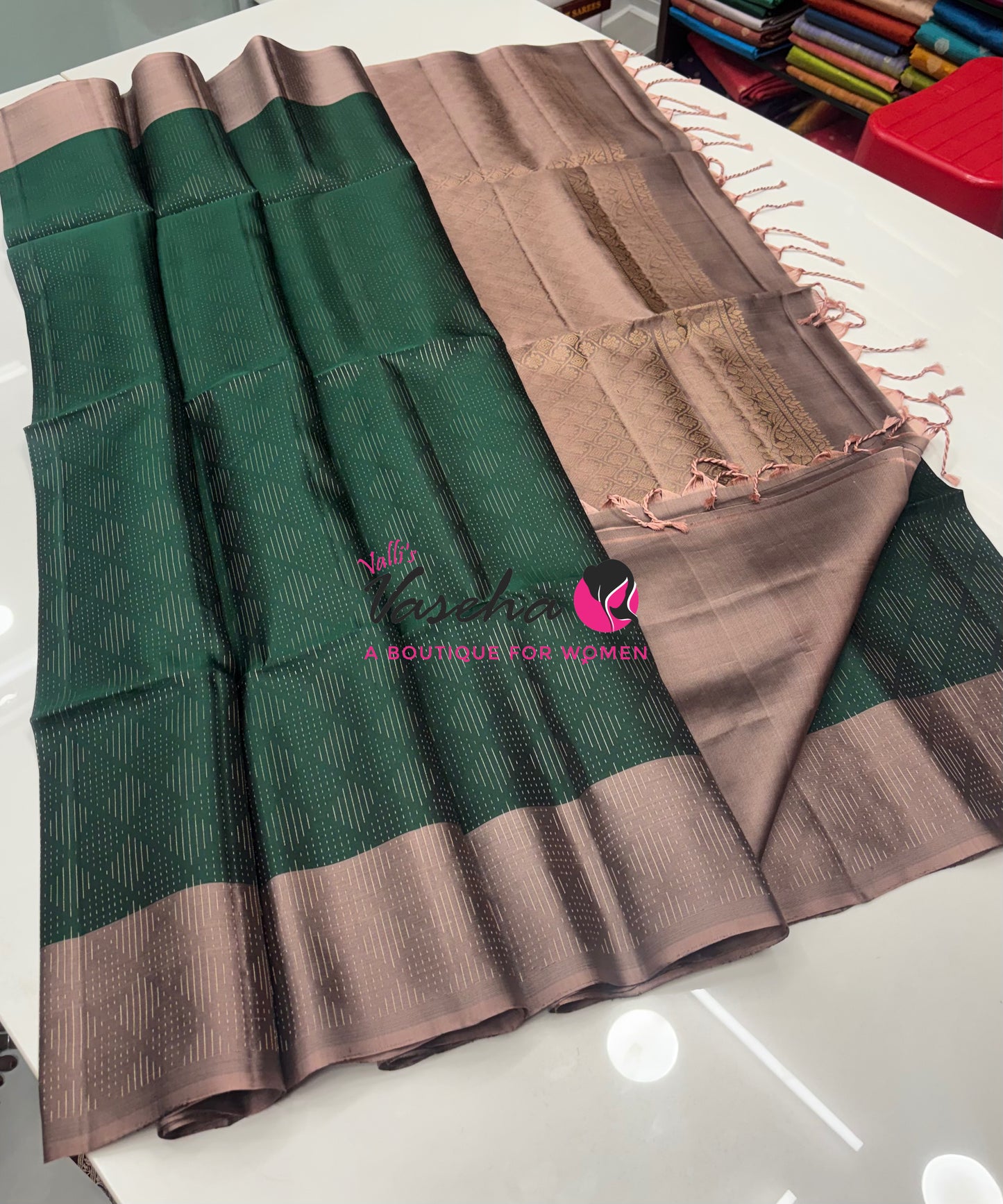 Pure Soft Silk Saree  - Vairavoosi Pattern - Green With Light Beige - VVPSS095
