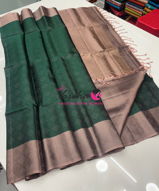 Pure Soft Silk Saree  - Vairavoosi Pattern - Green With Light Beige - VVPSS095