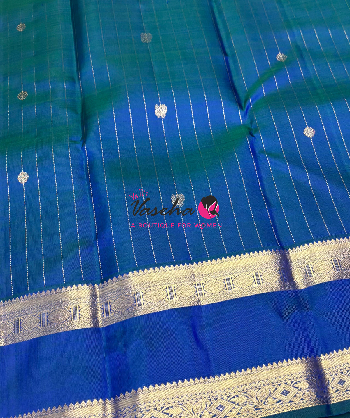 Pure Kanchipuram Silk Saree - Vairavoosi Design  - Peacock Blue Shade - VVPS095