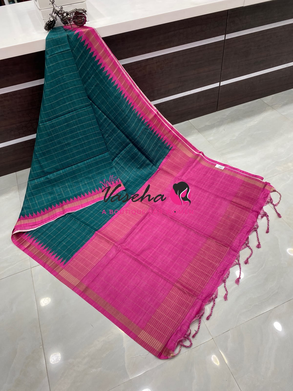 Semi Art Tussar Silk  / Art Silk - Peacock Blue & Pink  - VVATS008