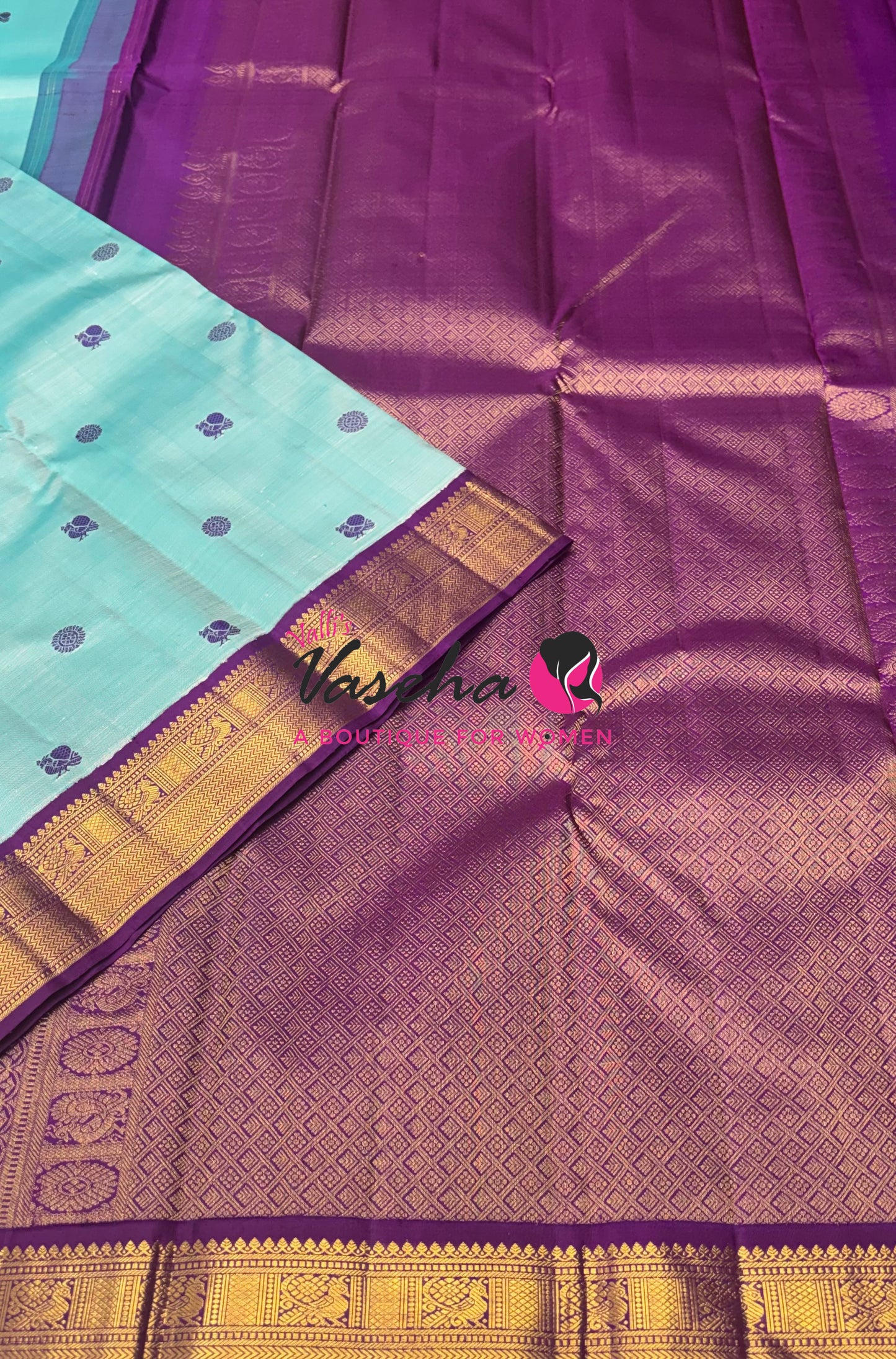 Pure Vintage Korvai Kanchipuram Silk Saree - Light Blue & Purple Combo - VVPS072