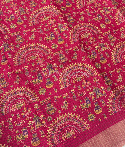 Light Weight Fancy Mixed Kota Cotton - Varli Design Printed Saree - Pink Shade - VVKPC001
