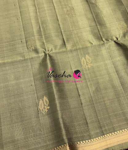 Pure Soft Silk Saree  - Greyish Green With Wine Combo - VVPSS150