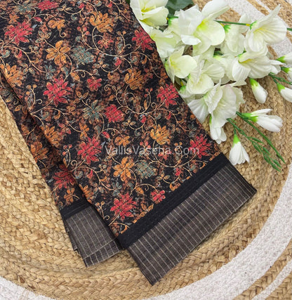 Light Weight Fancy Mixed Kota Cotton - Floral Design Printed Saree - Black Shade - VVKPC002