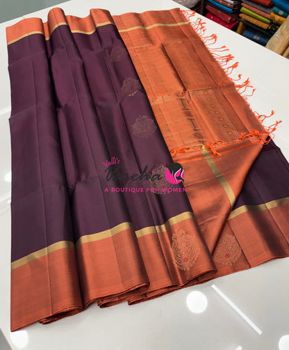 Pure Soft Silk Saree  - Brown With Rust Orange - VVPSS093