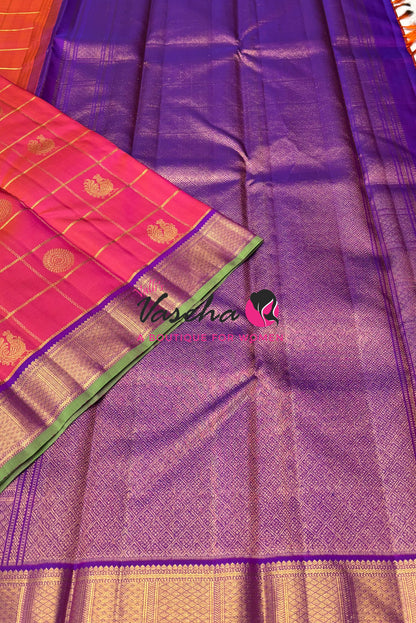Pure Kanchipuram Silk Saree - Peach  With Purple Combo - VVPS027