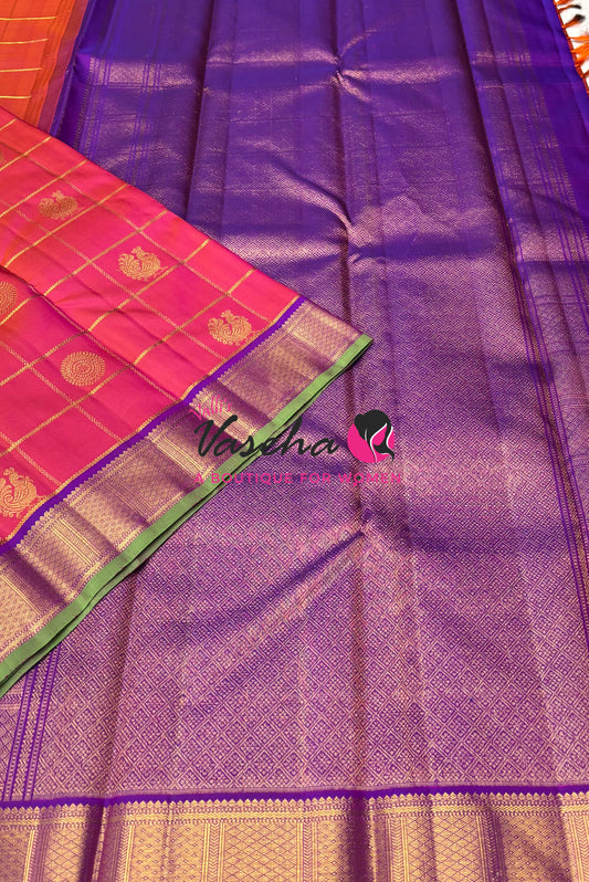 Pure Kanchipuram Silk Saree - Peach  With Purple Combo - VVPS027
