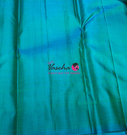 Pure Kanchipuram Silk Saree - Half & Half - Lemon Green with Turquoise Blue Shade - VVPS064