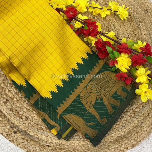 Semi Silk Saree - Kanchi Silk Style - Elephant Border - Yellow with Green - VVSSS005