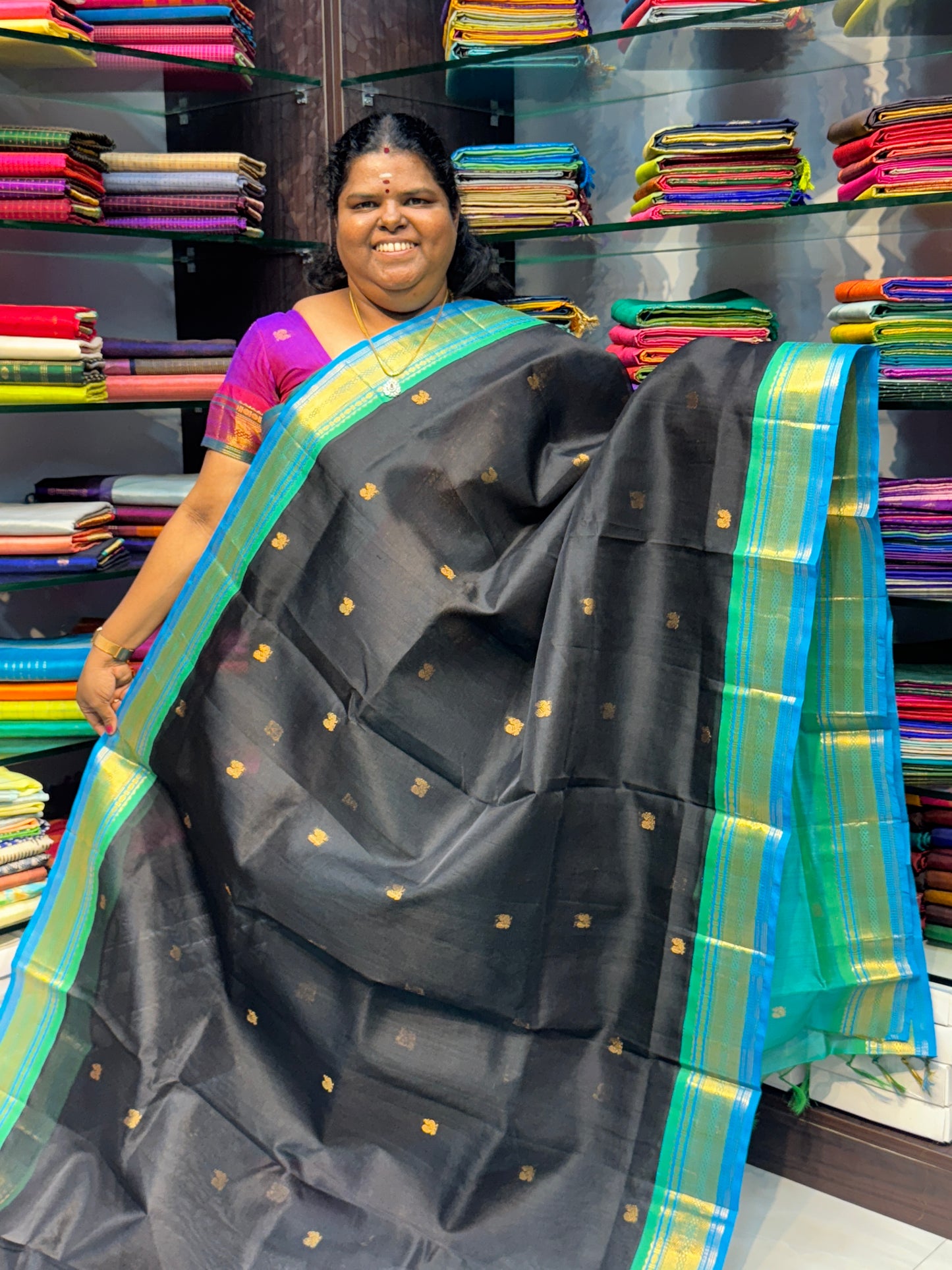 Pure Korvai Silk Cotton Saree -  Black with Teal Greenish Blue Combo - VVKSC004