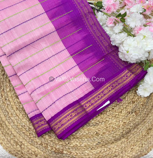 Pure Korvai Silk Cotton - Pink with Purple - VVKSC028