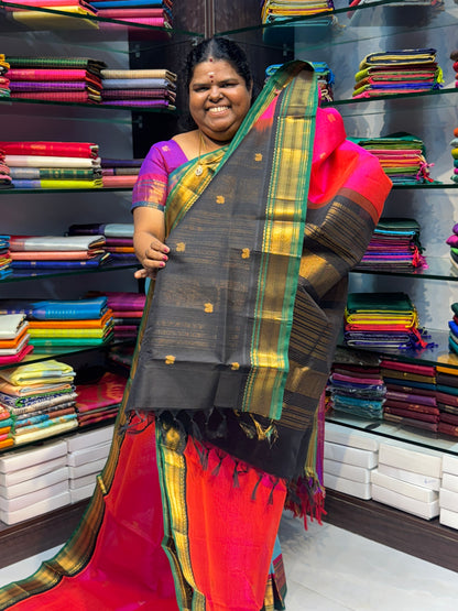 Pure Korvai Silk Cotton Saree -  Peachish Pink with Black & Green Combo - VVKSC004