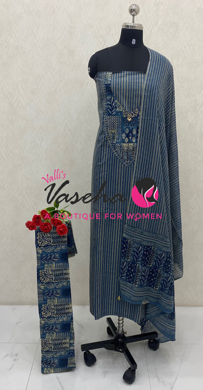Unstitched Material | Fancy Cotton Material | Blue Shade | VVUSM086