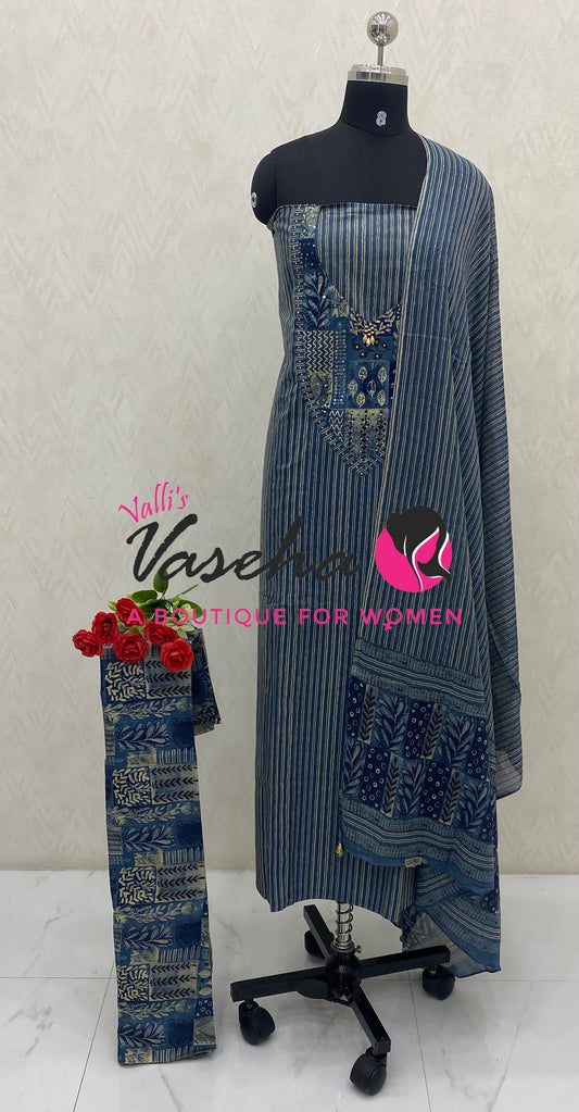 Unstitched Material | Fancy Cotton Material | Blue Shade | VVUSM088