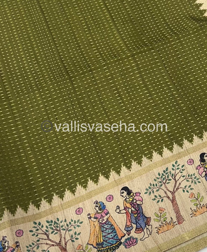 Semi Tussar Silk - Vairavoosi Design - Mahendi Green & Cream Shade - VVSTS030