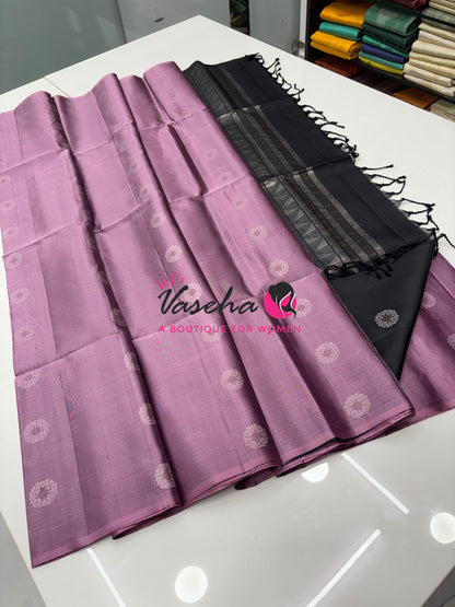 Pure Soft Silk Saree - Border Less  - Onion Pink & Black Combo - VVPSS055