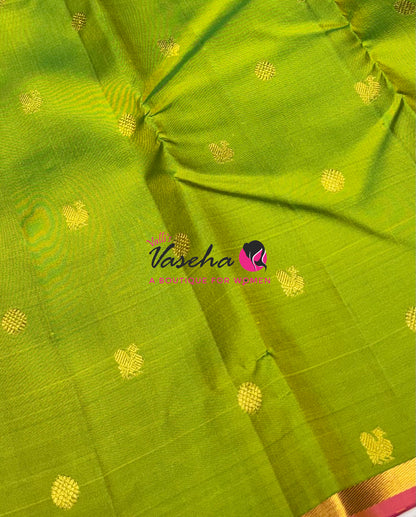 Pure Kanchipuram Silk Saree - Lemon Green with Pink - VVPS077