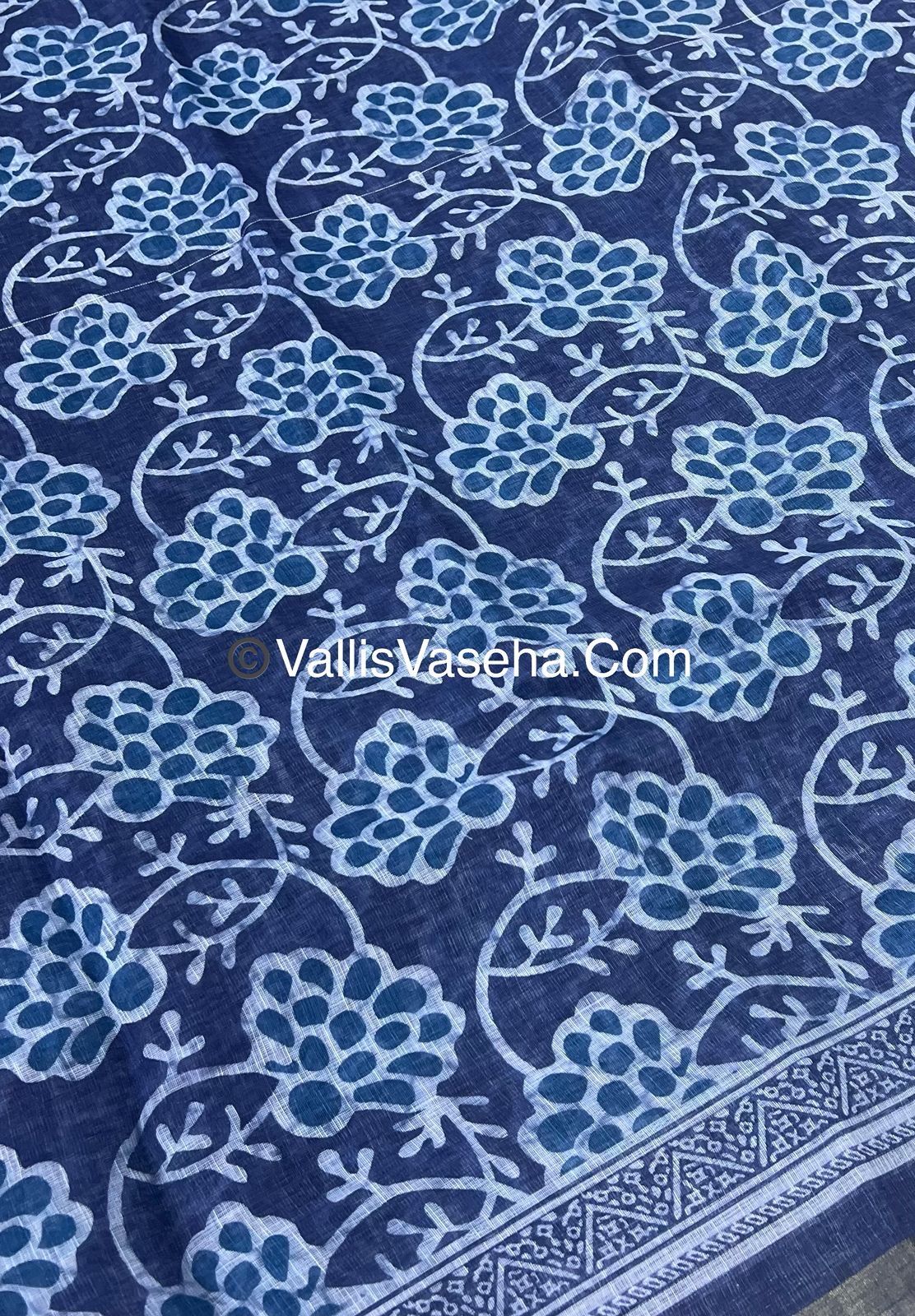 Linen Mixed Cotton Saree - Indigo Blue - Printed - VVLMP001