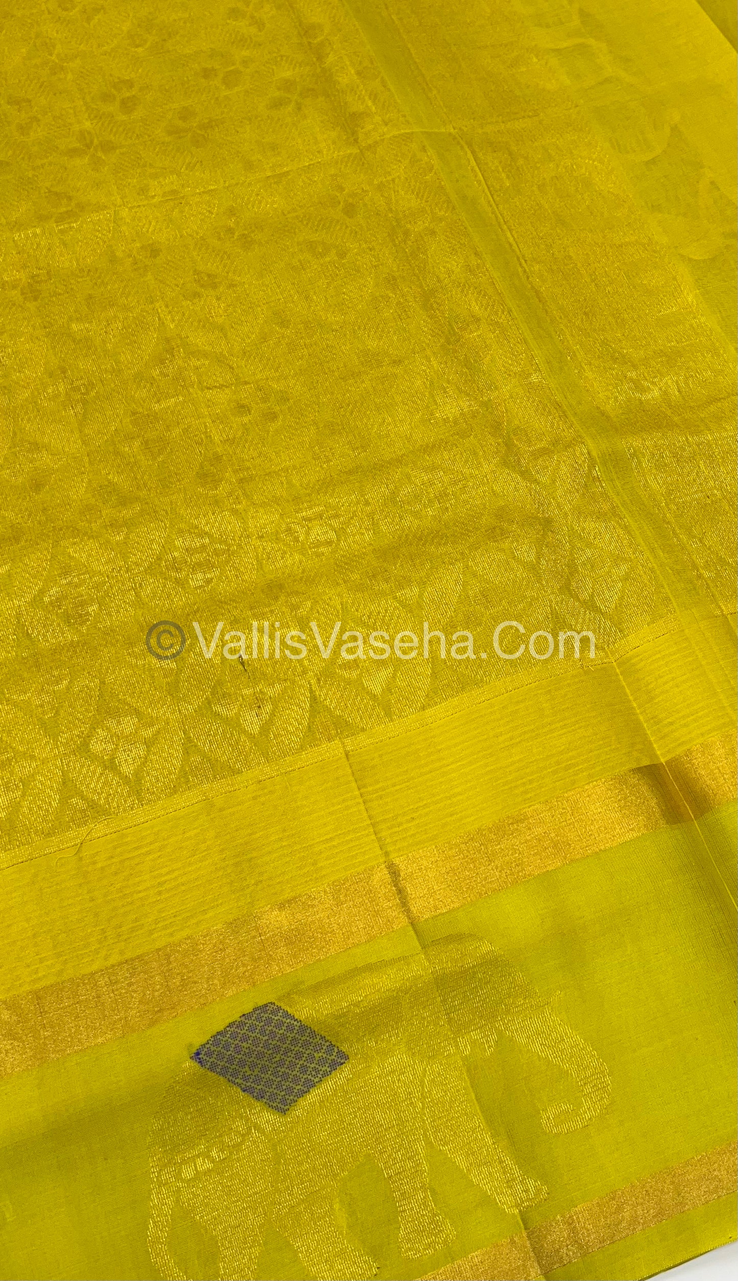 Pure Korvai Silk Cotton Saree - Border Elephant butta Design Blue With Yellow - VVKSC018