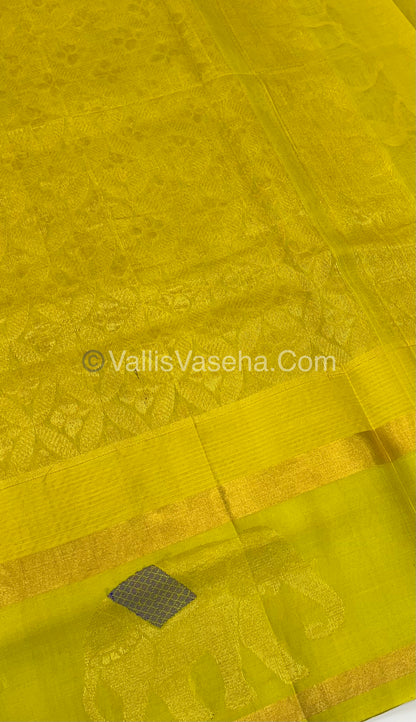 Pure Korvai Silk Cotton Saree - Border Elephant butta Design Blue With Yellow - VVKSC018