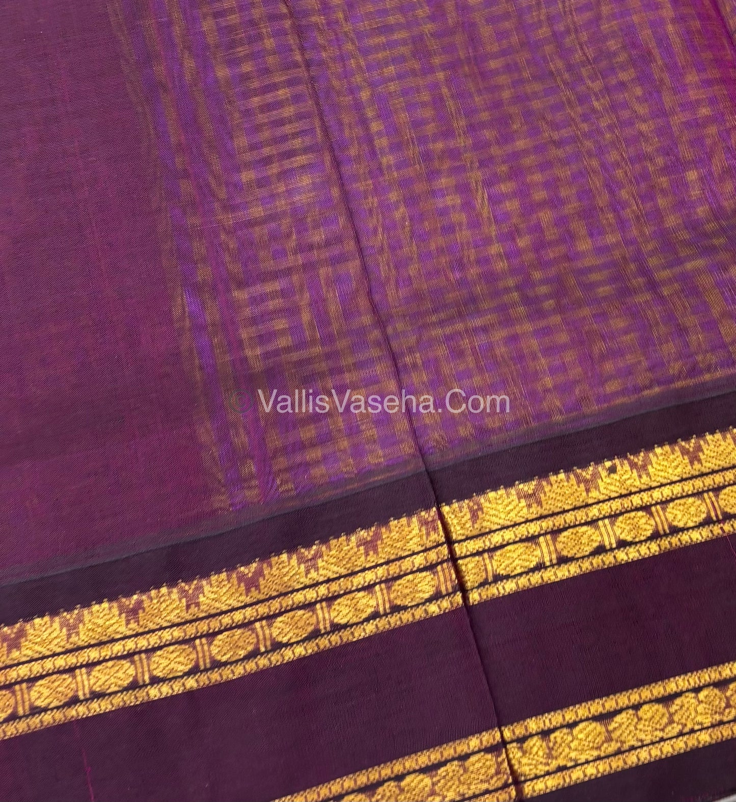 Pure Korvai Silk Cotton - Podi Kattam - Retta Petta Border - Yellow & Purple & with Wine  - VVKSC003