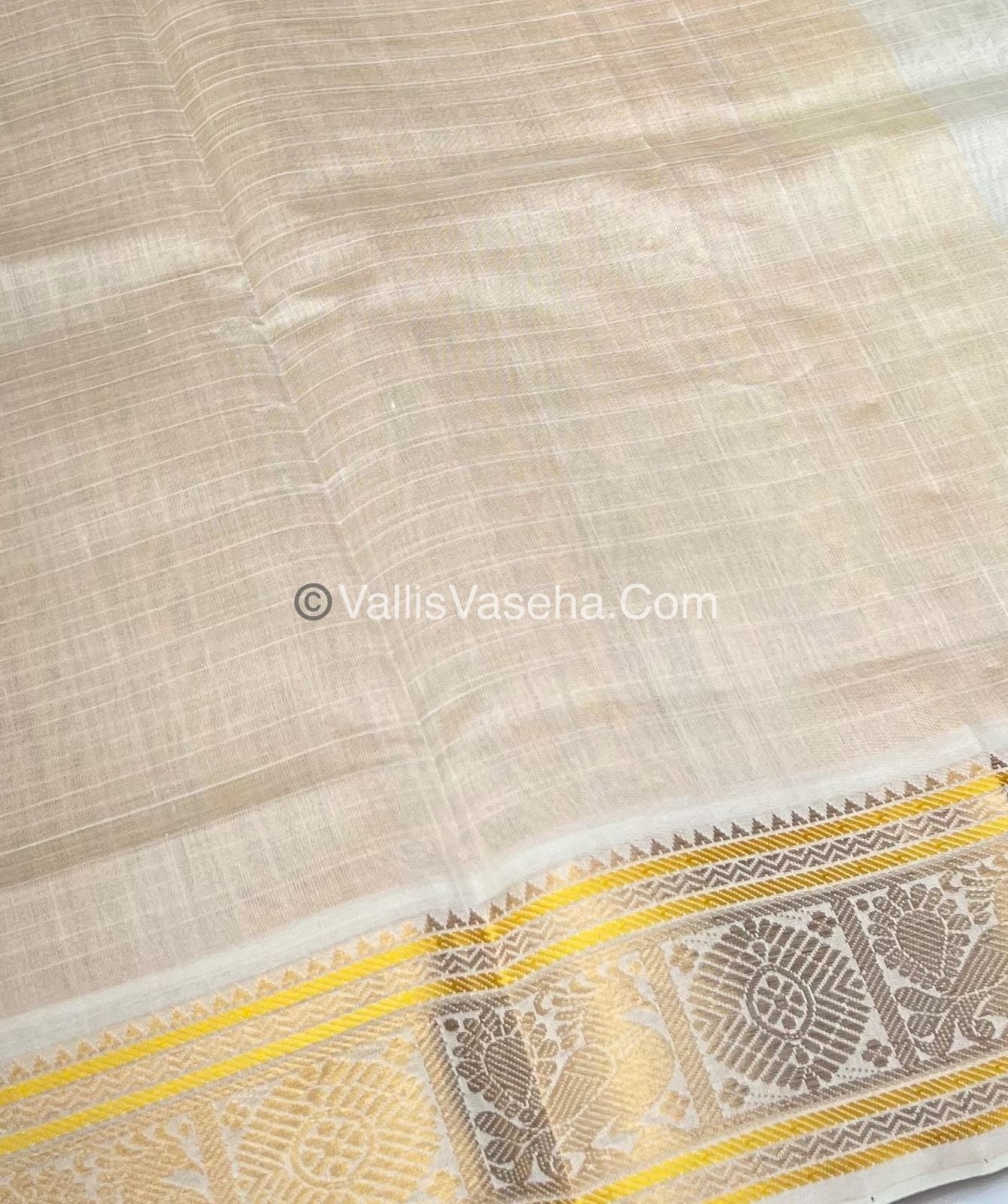 Pure Silk Cotton Saree - Yellow With Cream - Lakshadeepam Design - VVPLD001