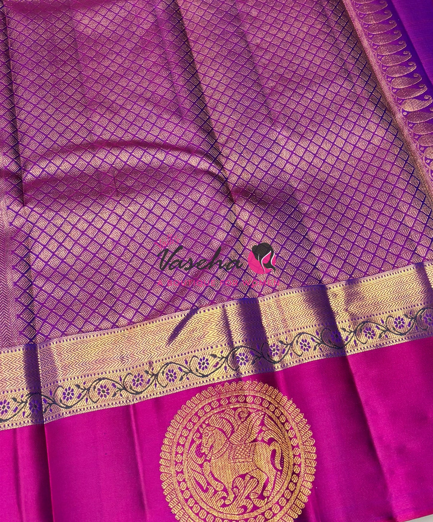 Pure Kanchipuram Silk Saree - Vairavoosi Design  - Peacock Blue & Purplish Pink - VVPS059
