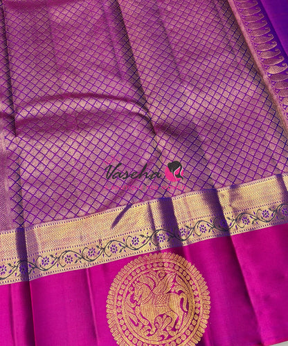 Pure Kanchipuram Silk Saree - Vairavoosi Design  - Peacock Blue & Purplish Pink - VVPS059