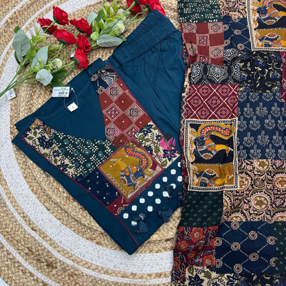Readymade 3pc Set - Ramar Blue - V Neck Kalamkari / Ajrakh Design - VVRMS010
