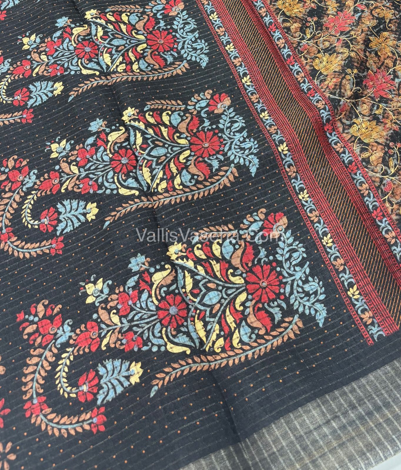 Light Weight Fancy Mixed Kota Cotton - Floral Design Printed Saree - Black Shade - VVKPC002
