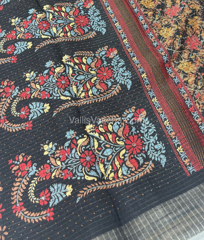 Light Weight Fancy Mixed Kota Cotton - Floral Design Printed Saree - Black Shade - VVKPC002
