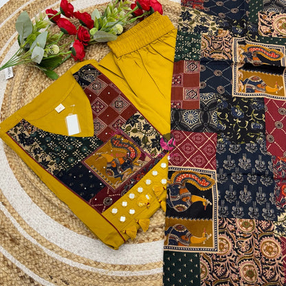 Readymade 3pc Set - Yellow - V Neck Kalamkari / Ajrakh Design - VVRMS010