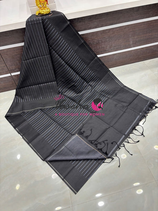 Semi Tussar Silk Saree | Black Shade |VVSTS049