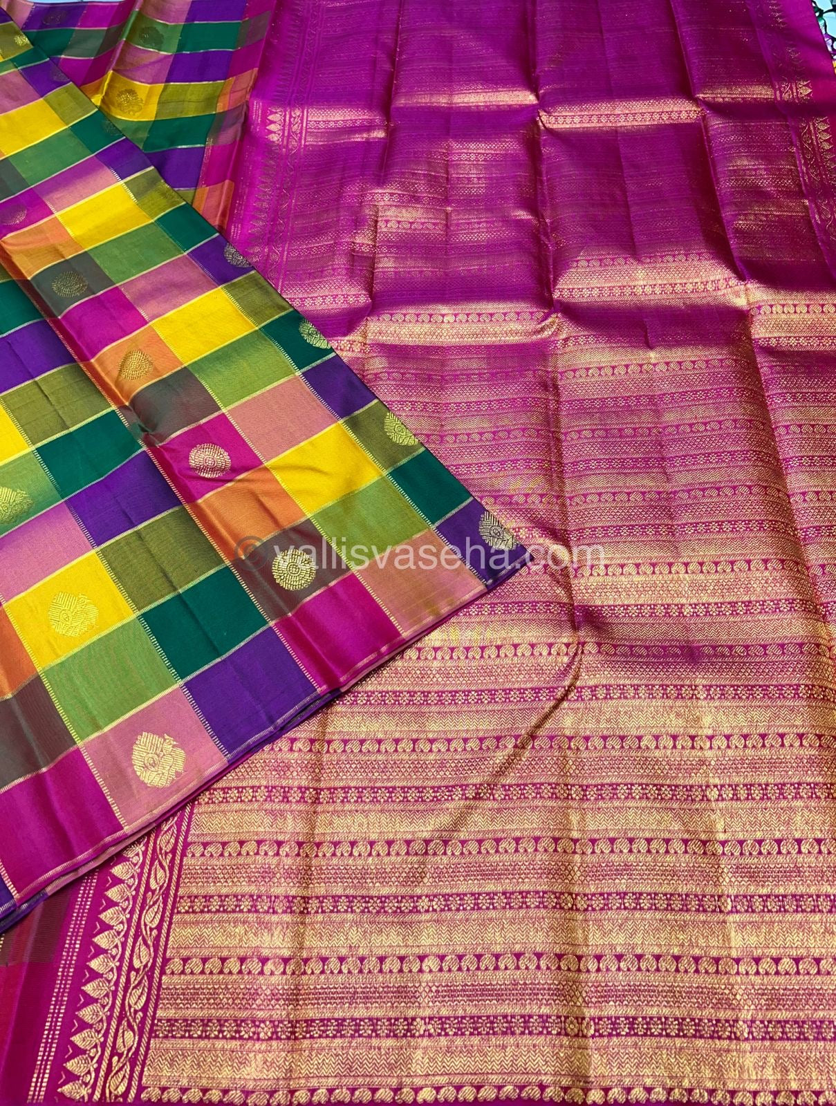 Pure Kanchipuram Silk Saree - Pazhum Pazhamum Checks - VVPS006