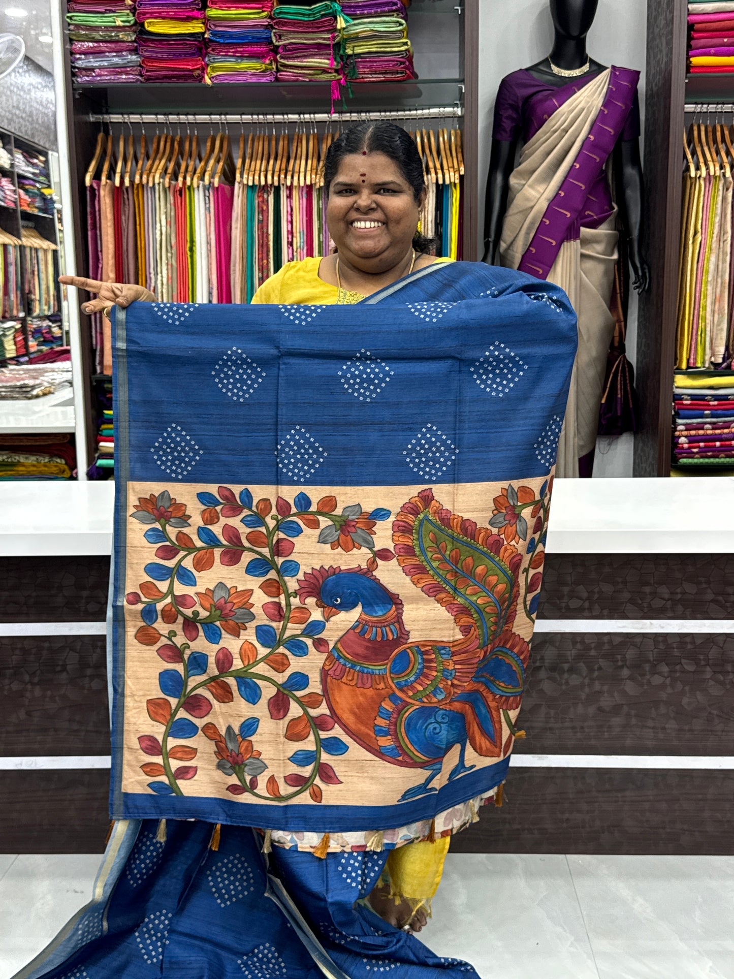 Semi Matka Tussar Silk Saree - Bandhini pattern - Blue Shade - VVSMT001