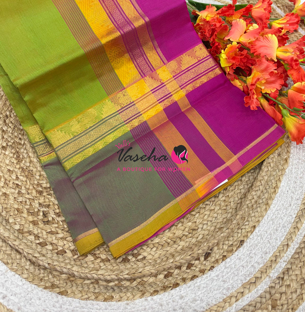 Pure Silk Cotton Saree - Green & Purplish Pink Shade - VVPSC013