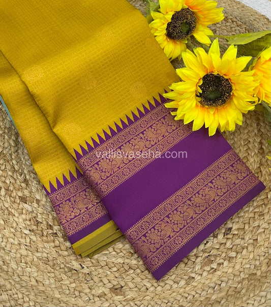 Kanchi Semi Silk - Yellow with Purple - Mayil & Chakkaram design - VVKSS001