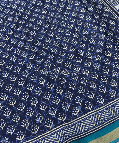 Semi Maheshwari Mixed Cotton Saree - Linen Feel - Indigo Blue & Blue - VVMSC003