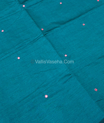 South Mixed Cotton - Mirror Work Embroidery - Bluish Green with Pink - VVPCM002