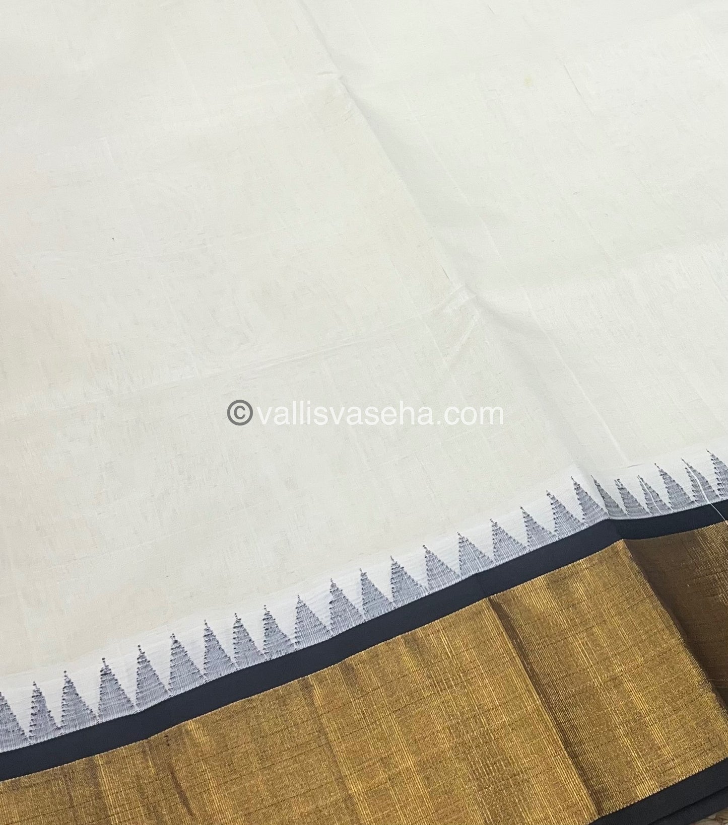 Pure Korvai Silk Cotton Saree - Half white with Black Combo - Temple border - VVKSC001