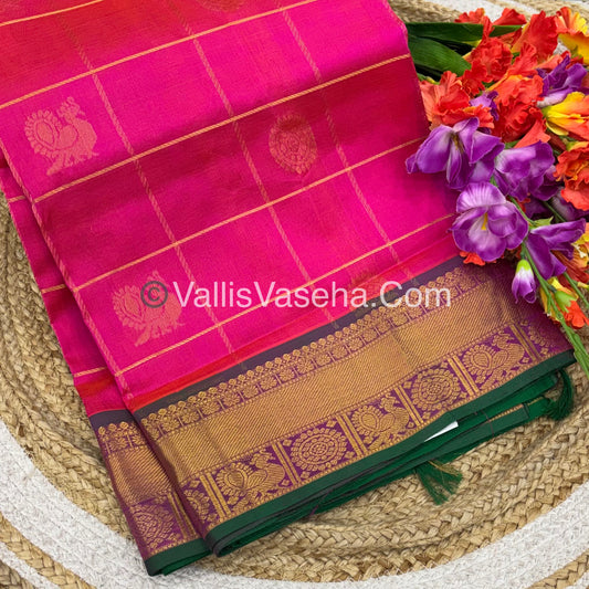 Pure Silk Cotton Saree - Mayil & Chakkaram Design - Pink with Green - VVMC001