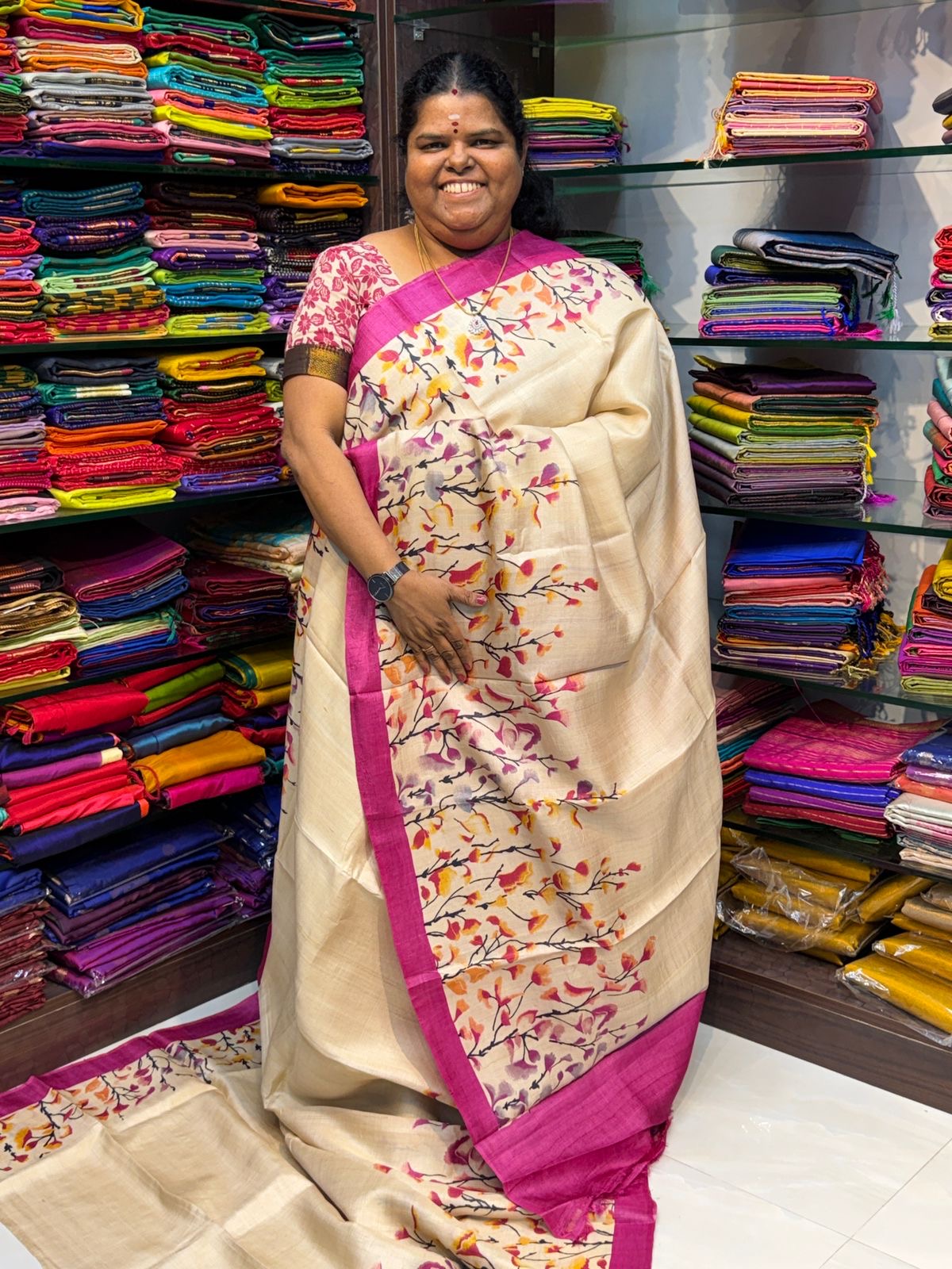 Pure Tussar Silk - Cream With Pink Shade - VVPTS001