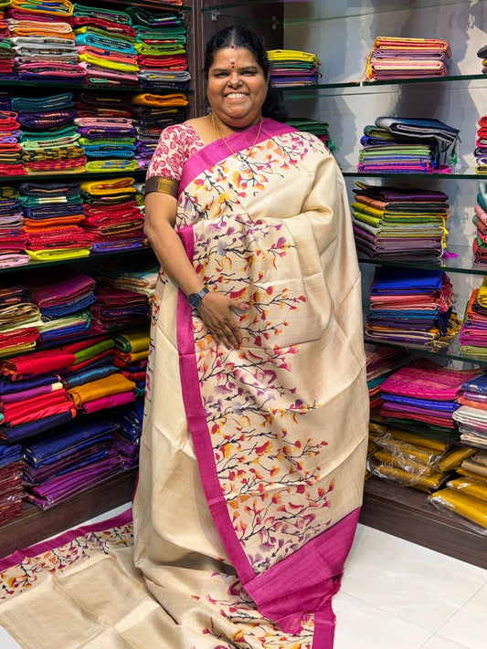 Pure Tussar Silk - Cream With Pink Shade - VVPTS001