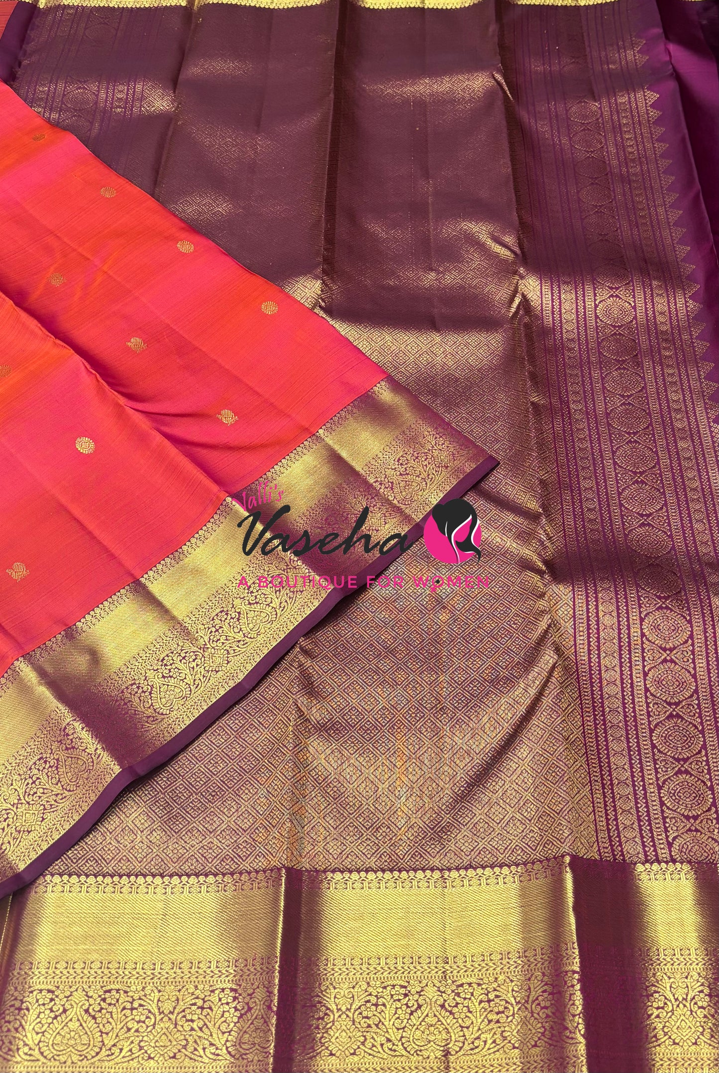 Pure Kanchipuram Silk Saree - Peachish Pink With Wine - VVPS089
