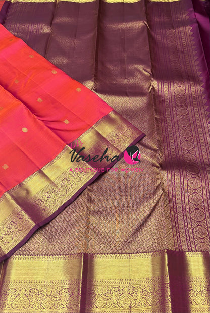 Pure Kanchipuram Silk Saree - Peachish Pink With Wine - VVPS089
