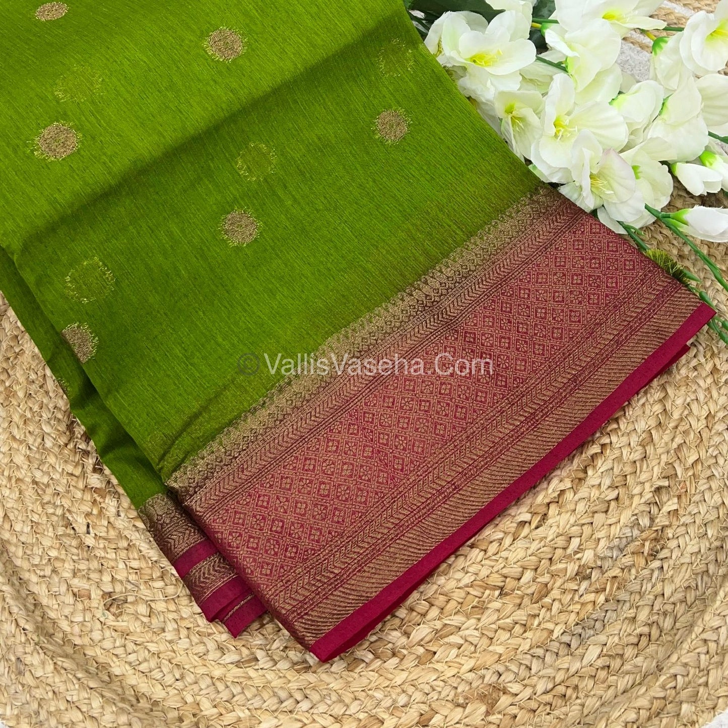 Bamboo Silk Saree  - Mehendi Green with Pink Shade - VVBSS001