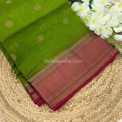 Bamboo Silk Saree  - Mehendi Green with Pink Shade - VVBSS001