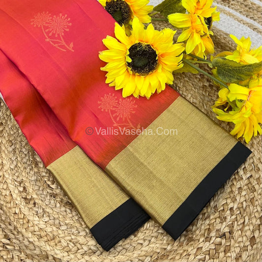 Pure Soft Silk Saree - Peachish Orange & Black Combo - VVPSS036