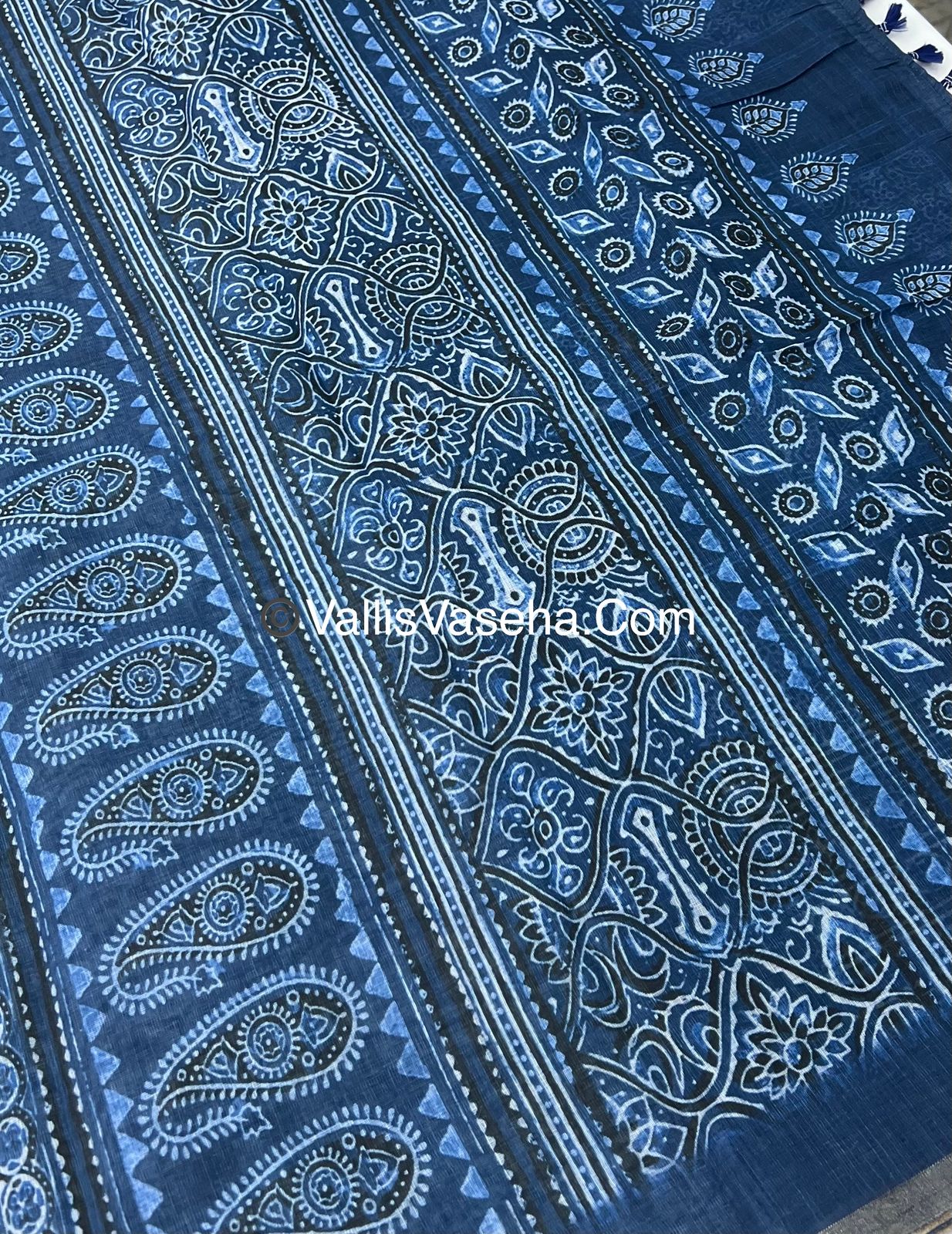 Linen Mixed Cotton Saree - Indigo Blue - Printed - VVLMP001