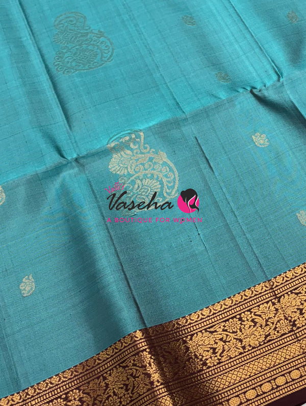 Pure Soft Silk Saree - Kanchi Border - Blue &  Brown Combo - VVPSS015
